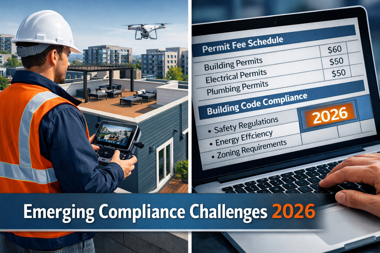 Split-composition editorial image: left side shows a surveyor using a drone controller to inspect a residential rooftop with