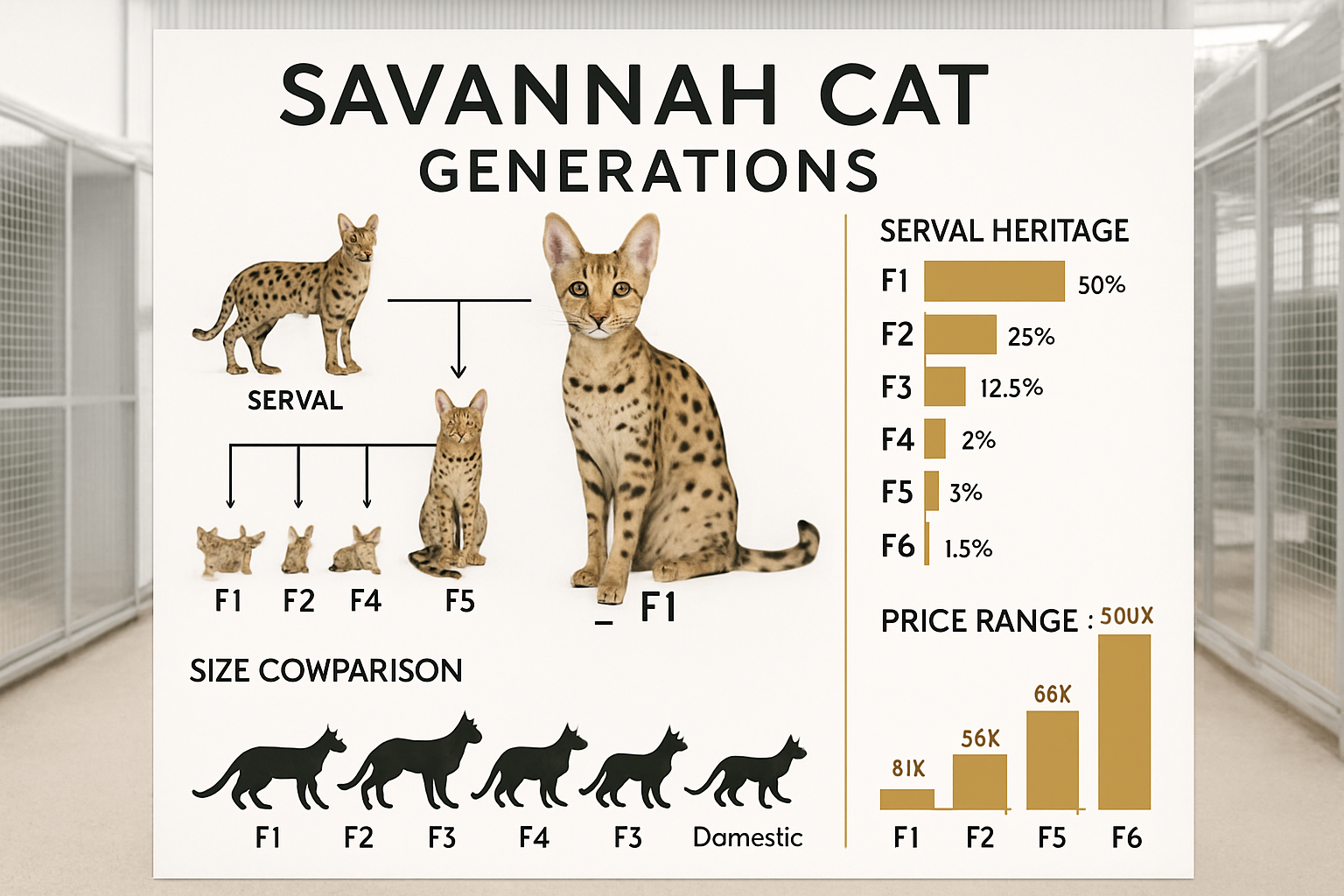 Detailed infographic showing F1 through F6 Savannah cat generation breakdown with visual family tree, percentage charts showing serval herit
