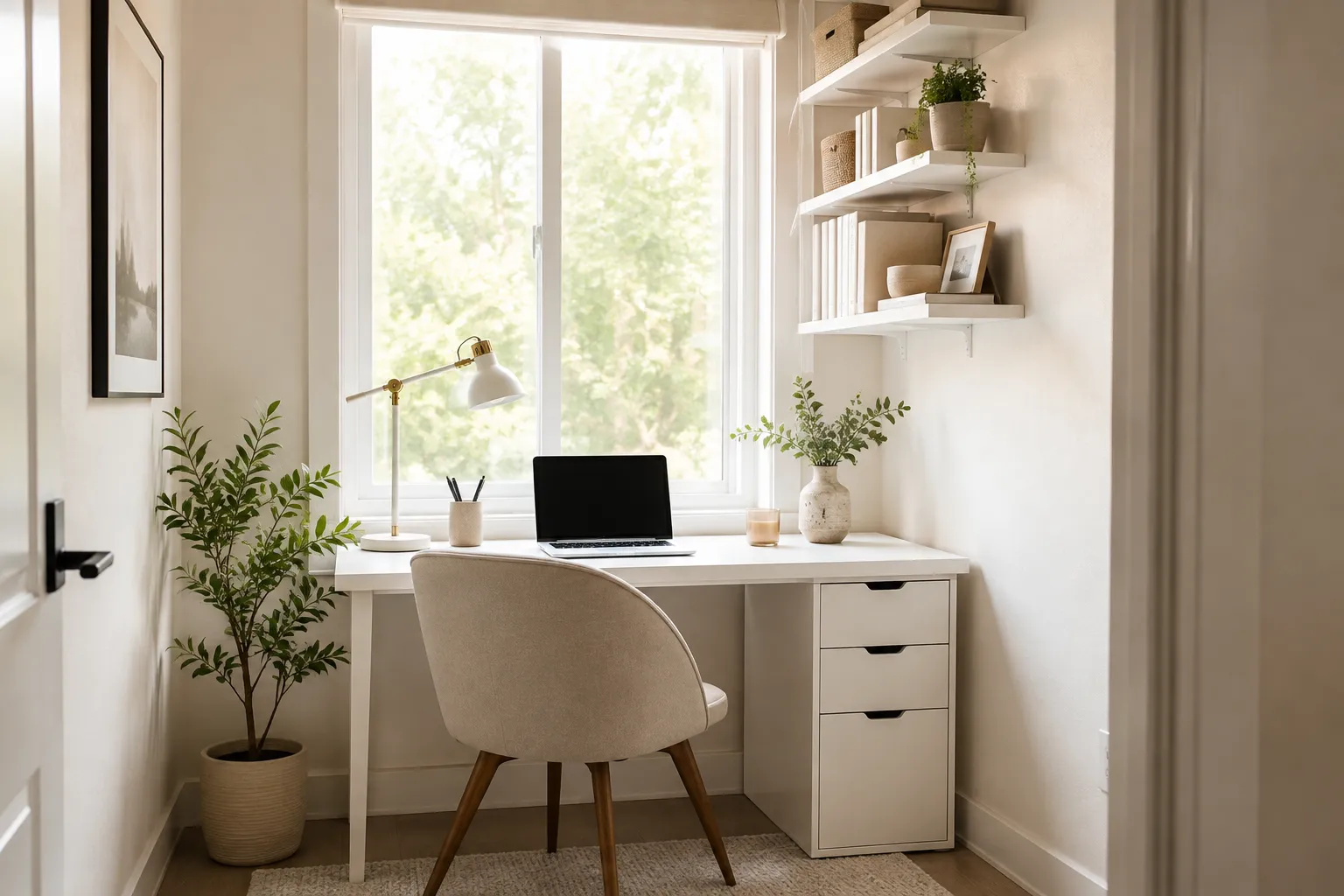 Editorial landscape format (1536x1024) image of a compact home office in a small room. A white writing desk is positioned neatly against a window, maximizing natural light. Vertical storage shelves are visible above the desk. The scene is bright, airy, and minimalist, showcasing space, saving furniture solutions for small spaces. Natural daylight, Pinterest worthy aesthetic. How Much Should I Spend on a Home Office Desk?