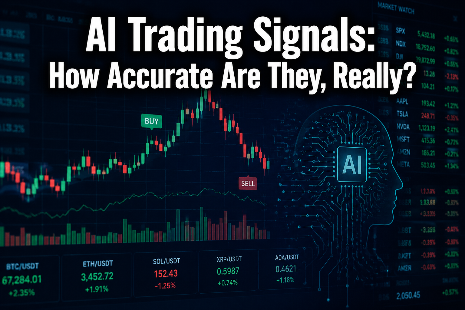 Professional () hero image with : 'AI Trading Signals: How Accurate Are They, Really?' in extra large white with dark drop ,