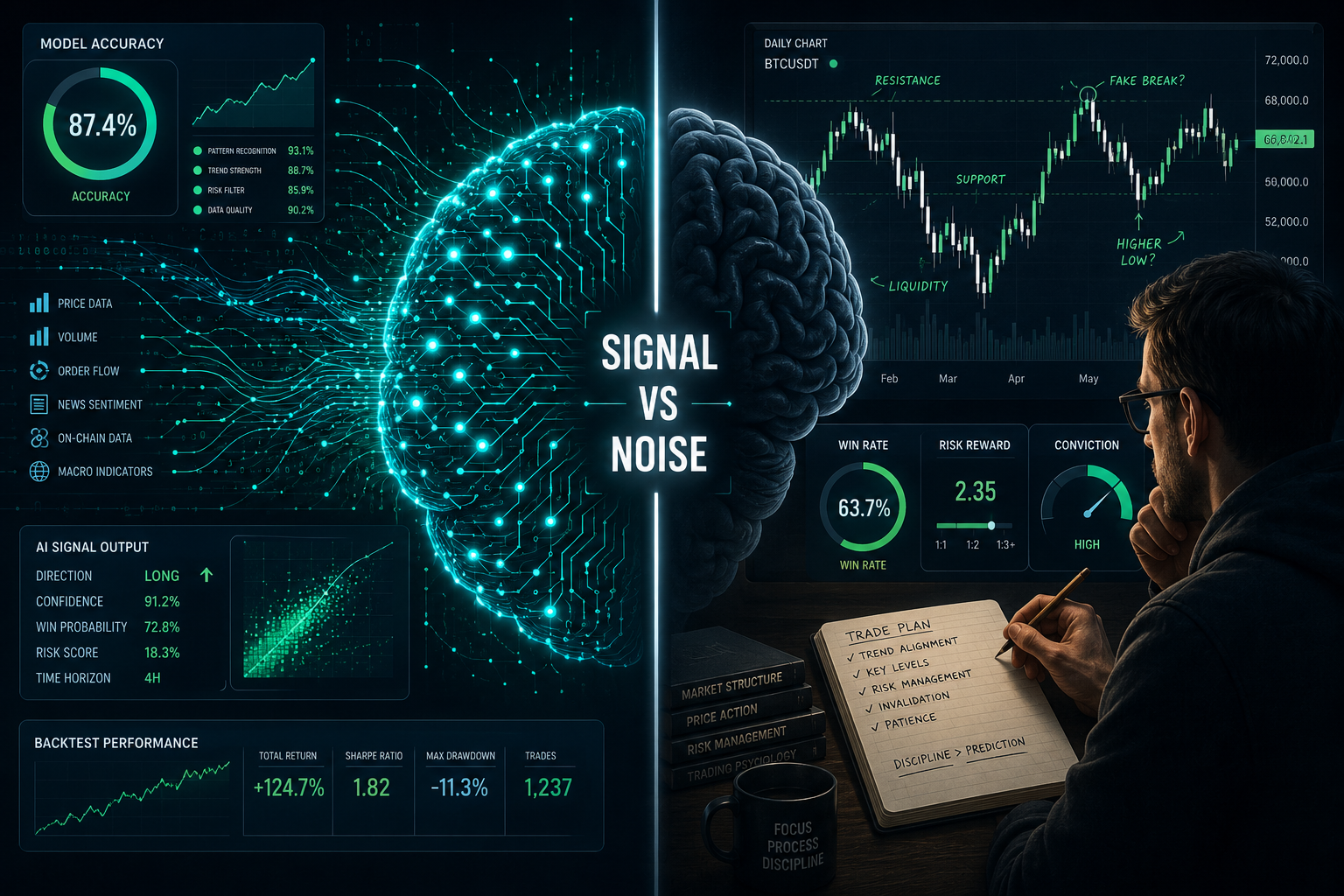 () editorial illustration showing a split-brain concept: left hemisphere filled with glowing AI circuit nodes and data