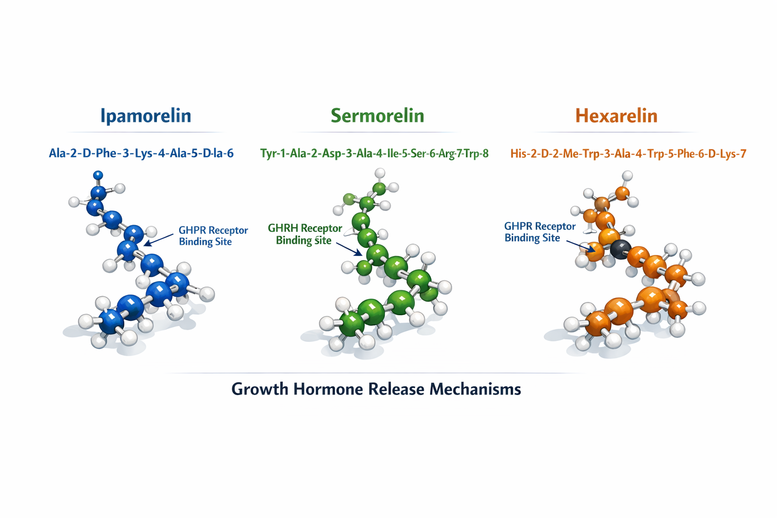 Scientific comparison infographic showing three distinct molecular structures side by side - Ipamorelin, Sermorelin, and Hexarelin peptide c