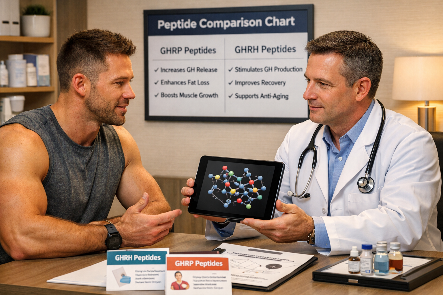 Professional medical consultation scene showing fitness enthusiast discussing peptide options with healthcare provider, modern clinic settin