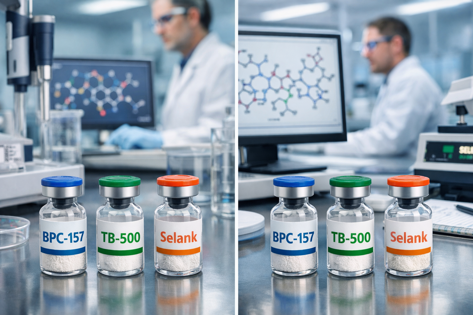 Split-screen laboratory comparison showing three research vials labeled with each peptide name, precision measuring equipment, scientific do