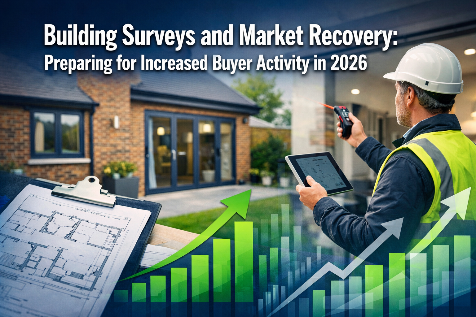 Professional landscape format (1536x1024) hero image featuring bold text overlay 'Building Surveys and Market Recovery: Preparing for Increa