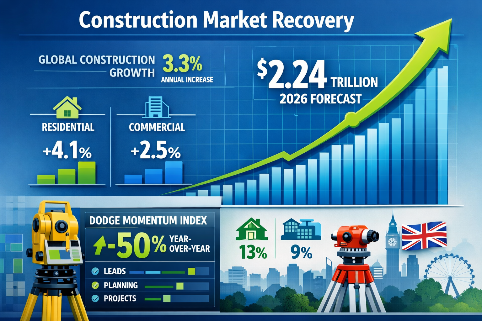 Detailed landscape format (1536x1024) image showing construction market recovery visualization with multiple data elements: large upward tre