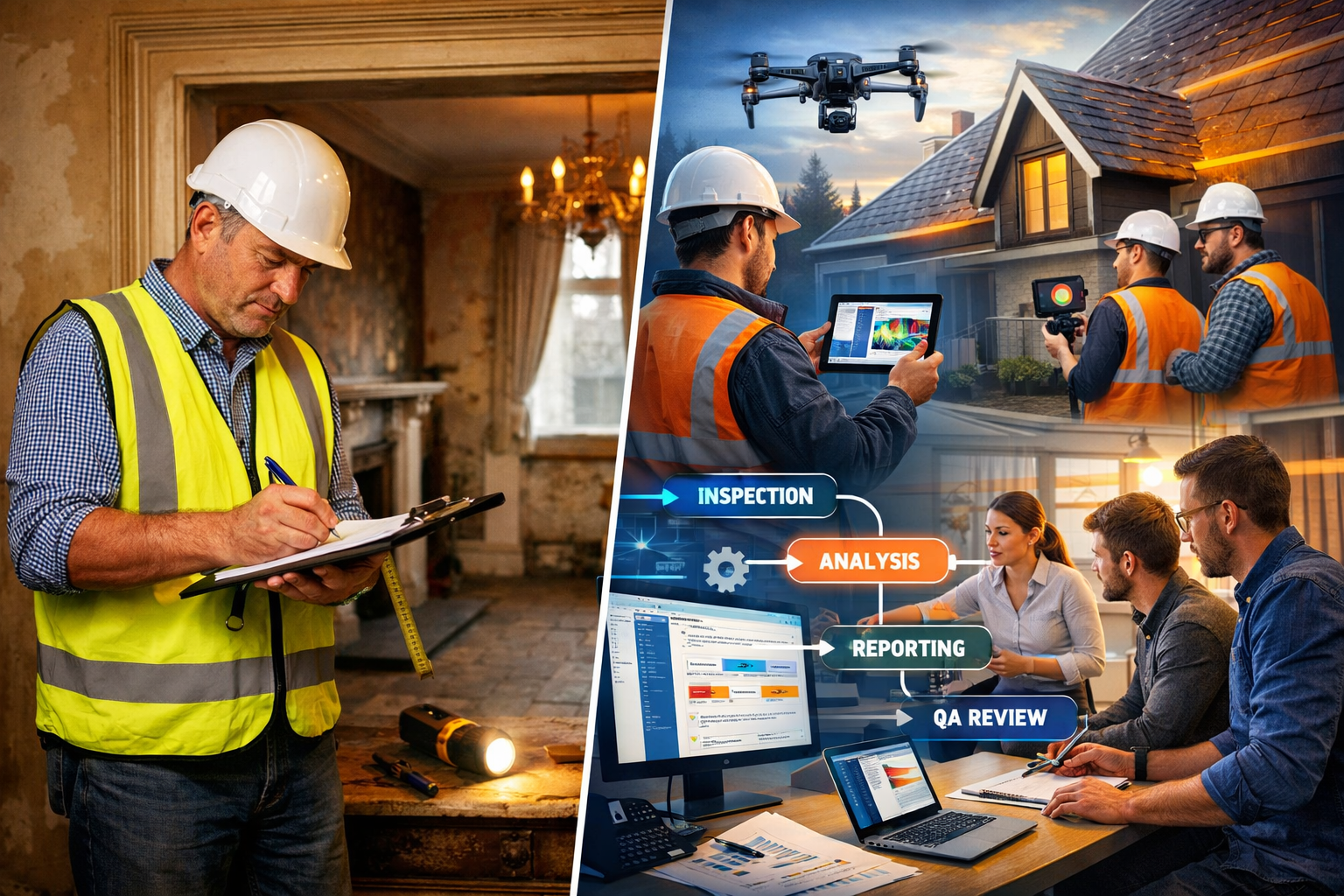 Professional landscape format (1536x1024) image depicting building surveyor operational scaling concept: split-screen composition showing le