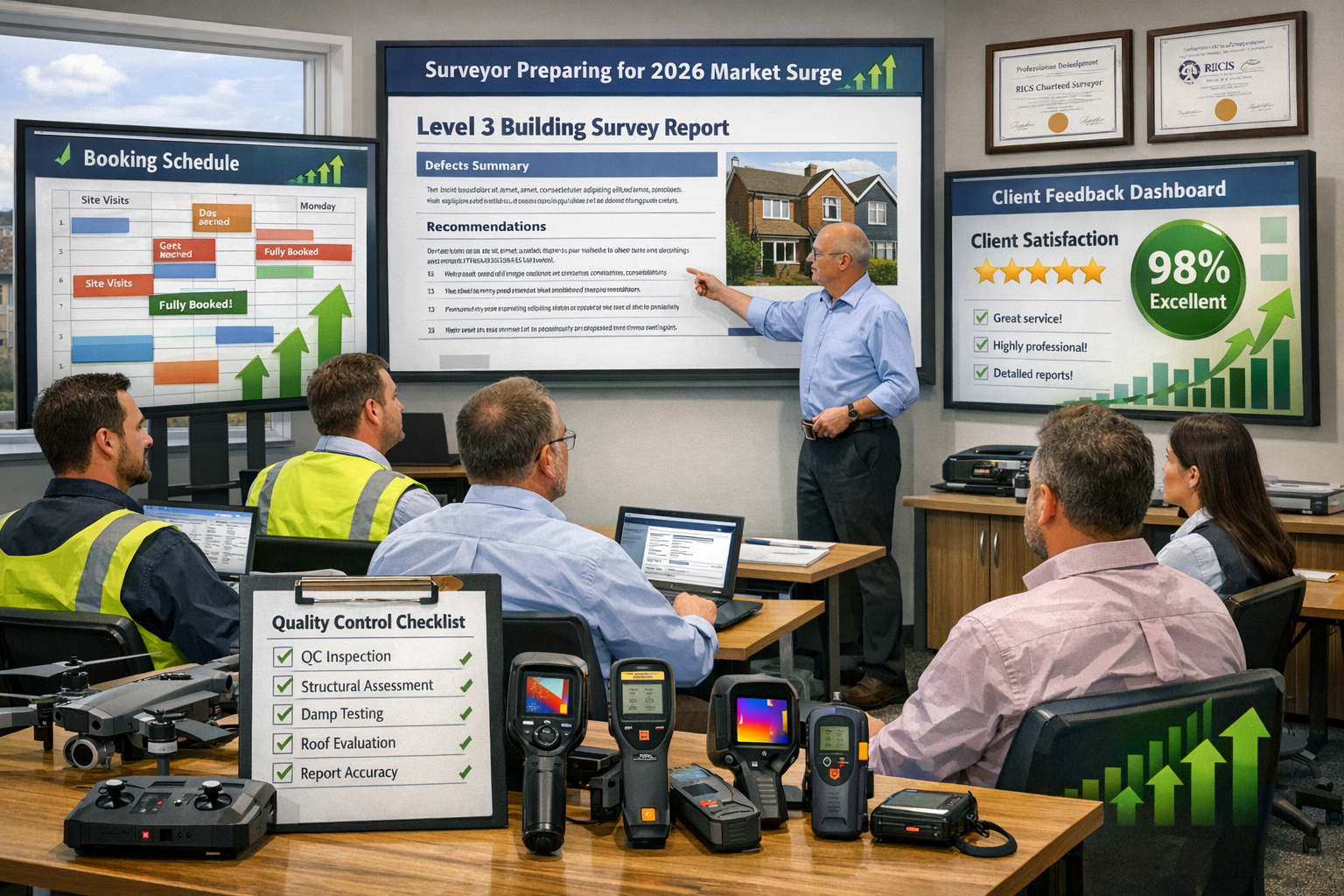 Detailed landscape format (1536x1024) image illustrating surveyor preparation strategies for 2026 market surge: professional training sessio