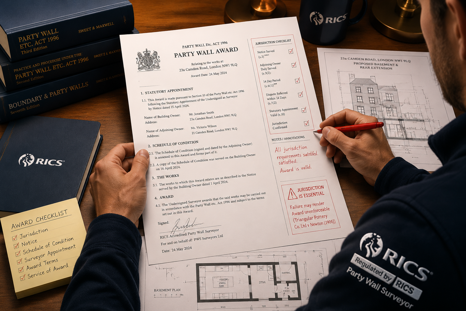() editorial illustration showing a RICS-badged party wall surveyor at a desk reviewing a formal Party Wall Award document