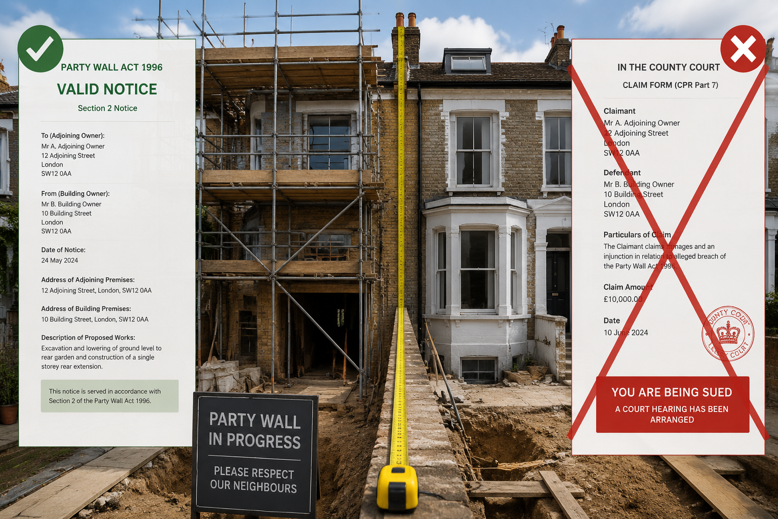 () wide-angle scene of two adjoining London terraced houses mid-renovation with scaffolding on one side, a party wall