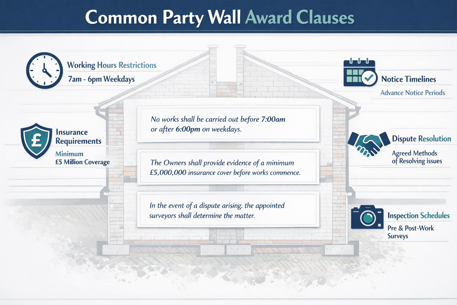 () infographic-style image displaying common party wall award clauses organized in visual hierarchy with icons: clock icon