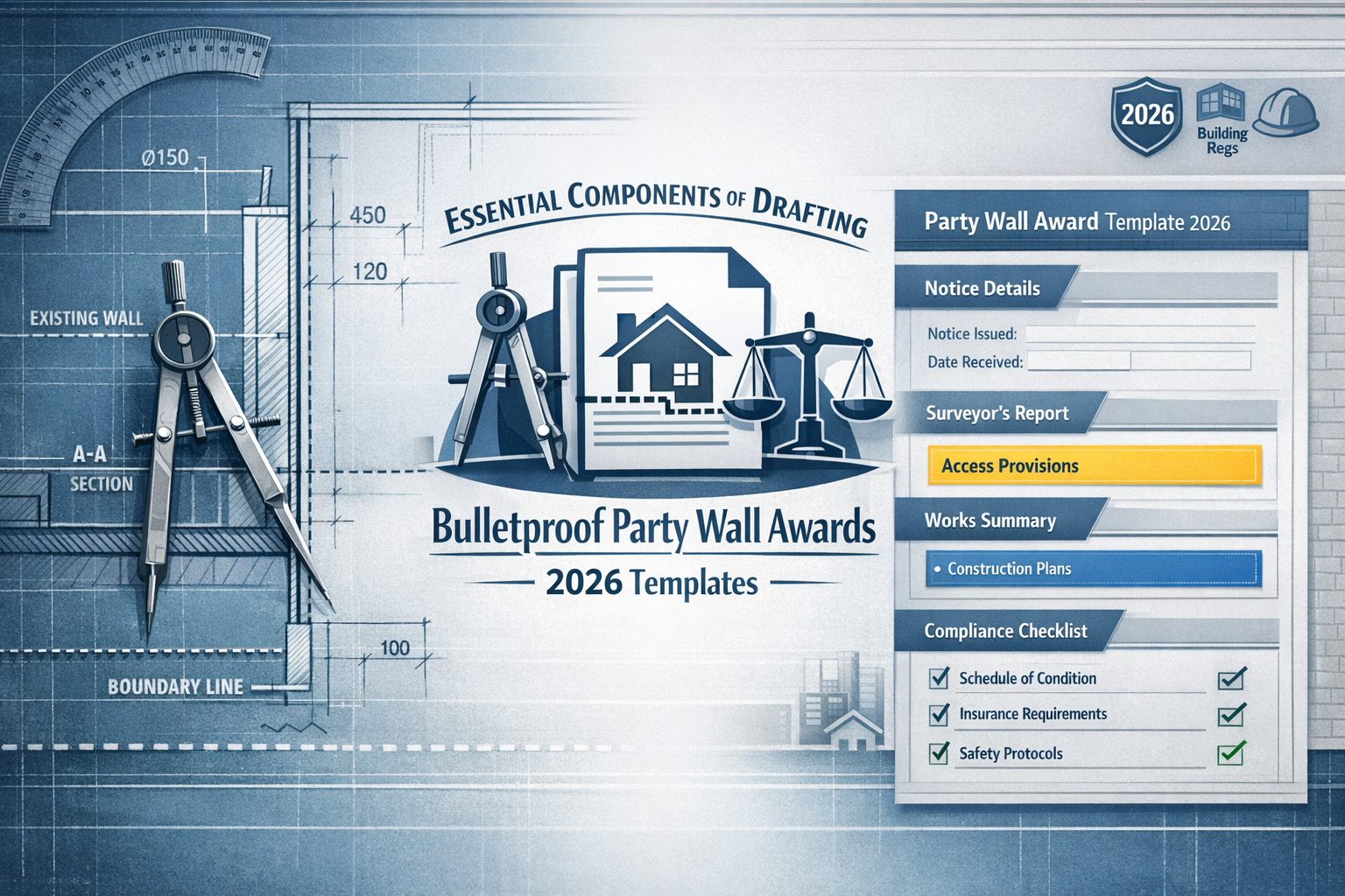 Professional architectural visualization depicting 'Essential Components of Drafting Bulletproof Party Wall Awards: 2026