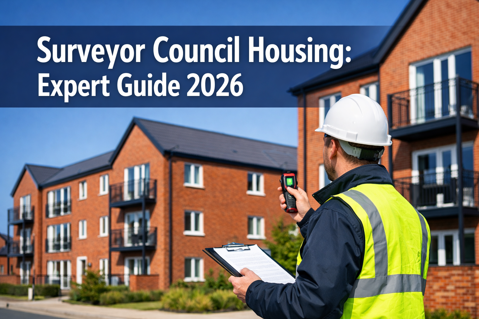Professional landscape hero image (1536x1024) featuring bold text overlay 'Surveyor Council Housing: Expert Guide 2026' in extra large 72pt 