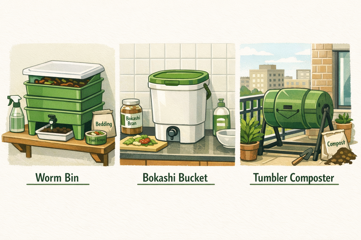 Detailed () editorial illustration showing a side-by-side comparison of three small-space composting methods: a compact worm