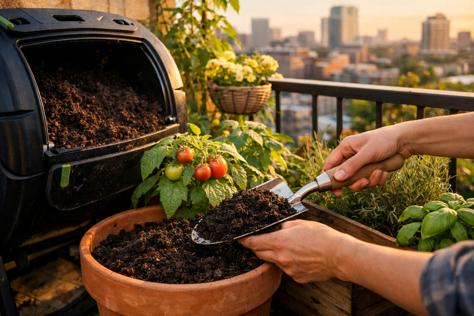 Detailed () wide-angle photo of a small apartment balcony garden where finished dark compost is being scooped from a compact