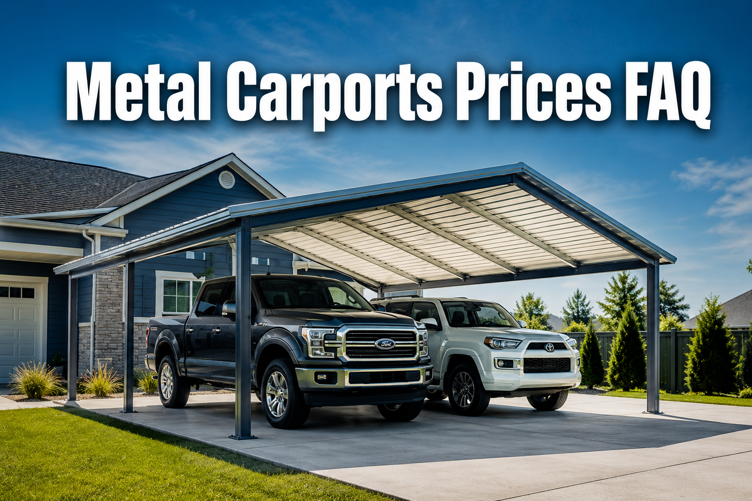 Professional () hero image featuring 'Metal Carports Prices FAQ' in extra large white with dark drop , centered in upper