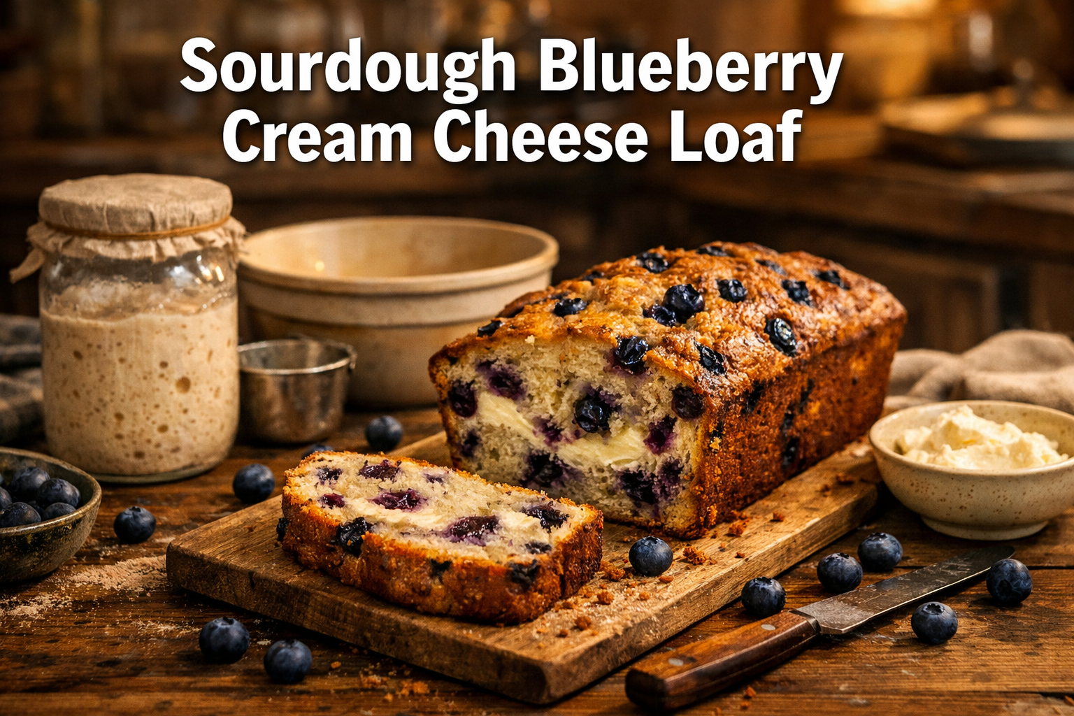 Professional landscape hero image (1536x1024) featuring bold text overlay 'Sourdough Blueberry Cream Cheese Loaf' in extra large 72pt white 