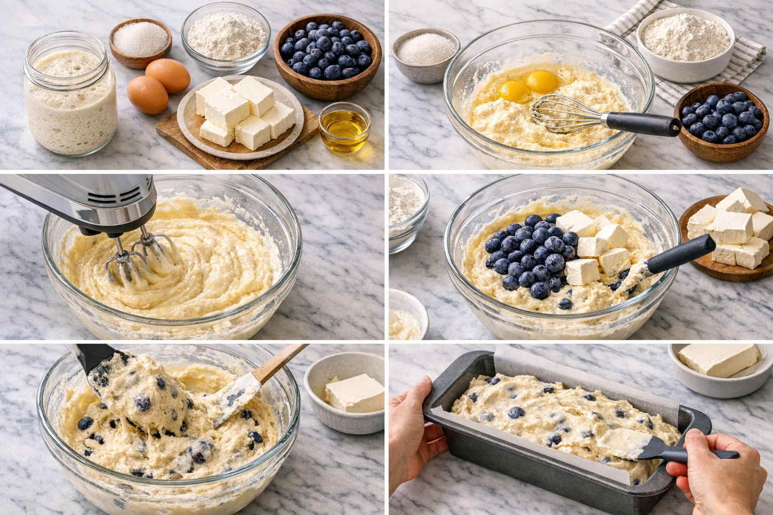 Detailed landscape image (1536x1024) showing step-by-step sourdough blueberry cream cheese loaf preparation process with ingredients laid ou