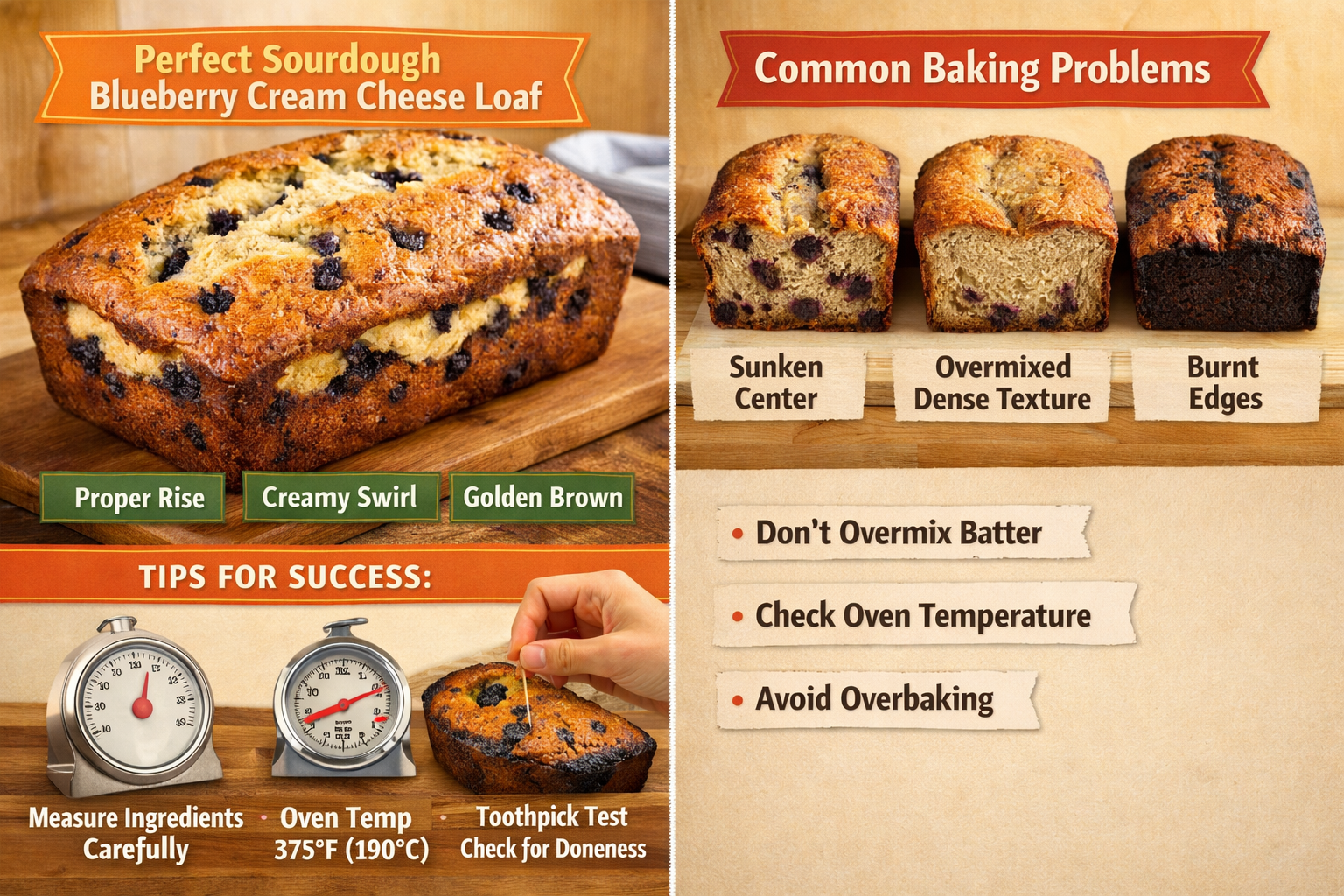 Professional landscape image (1536x1024) displaying troubleshooting solutions for sourdough blueberry cream cheese loaf baking with split-sc