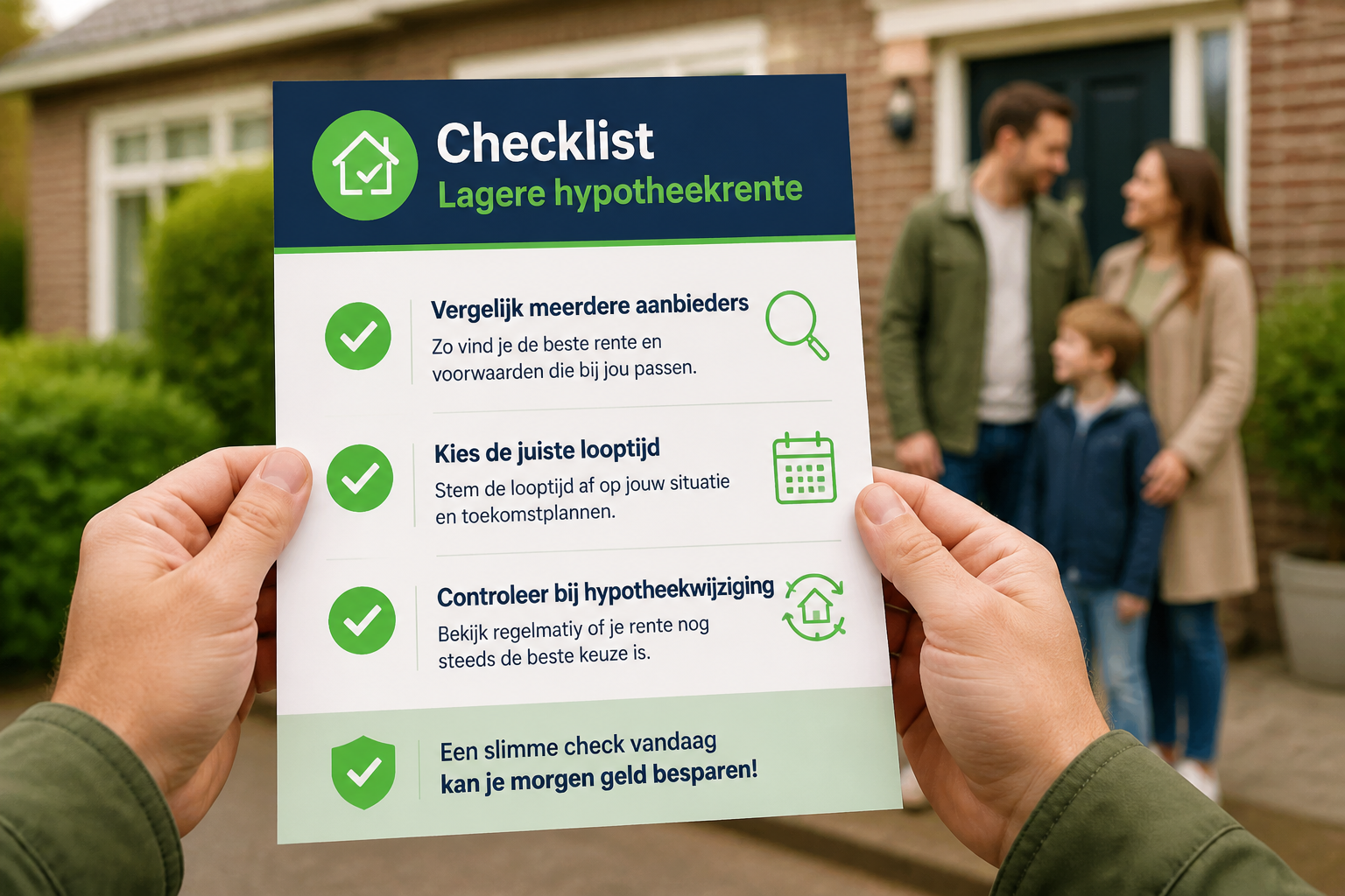 Landschapsformaat () close-up van twee handen die een checklist vasthouden met items zoals 'Vergelijk meerdere aanbieders',