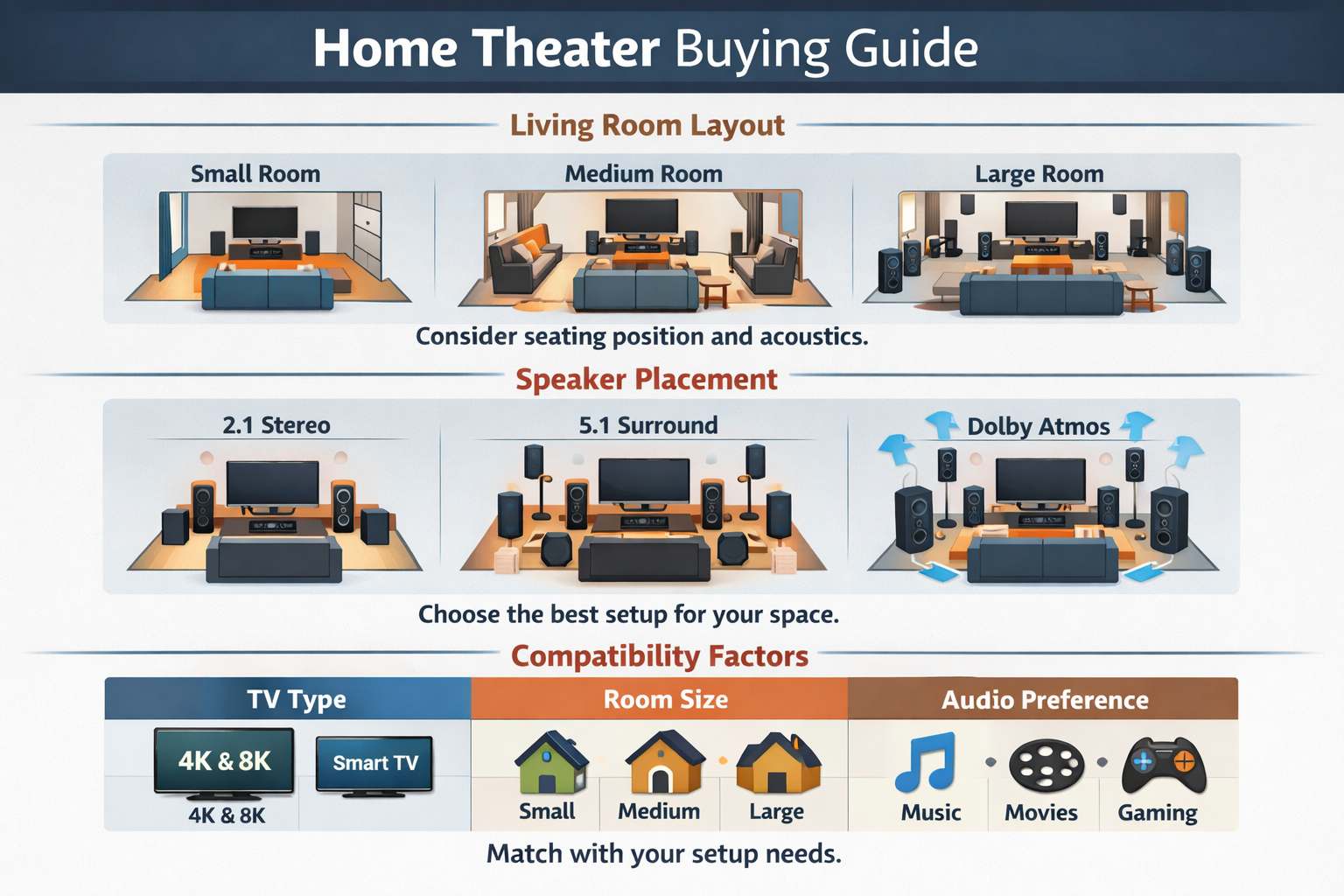 Modern buying guide visual showing living room layout considerations, speaker placement options, and compatibility factors with icons for ro