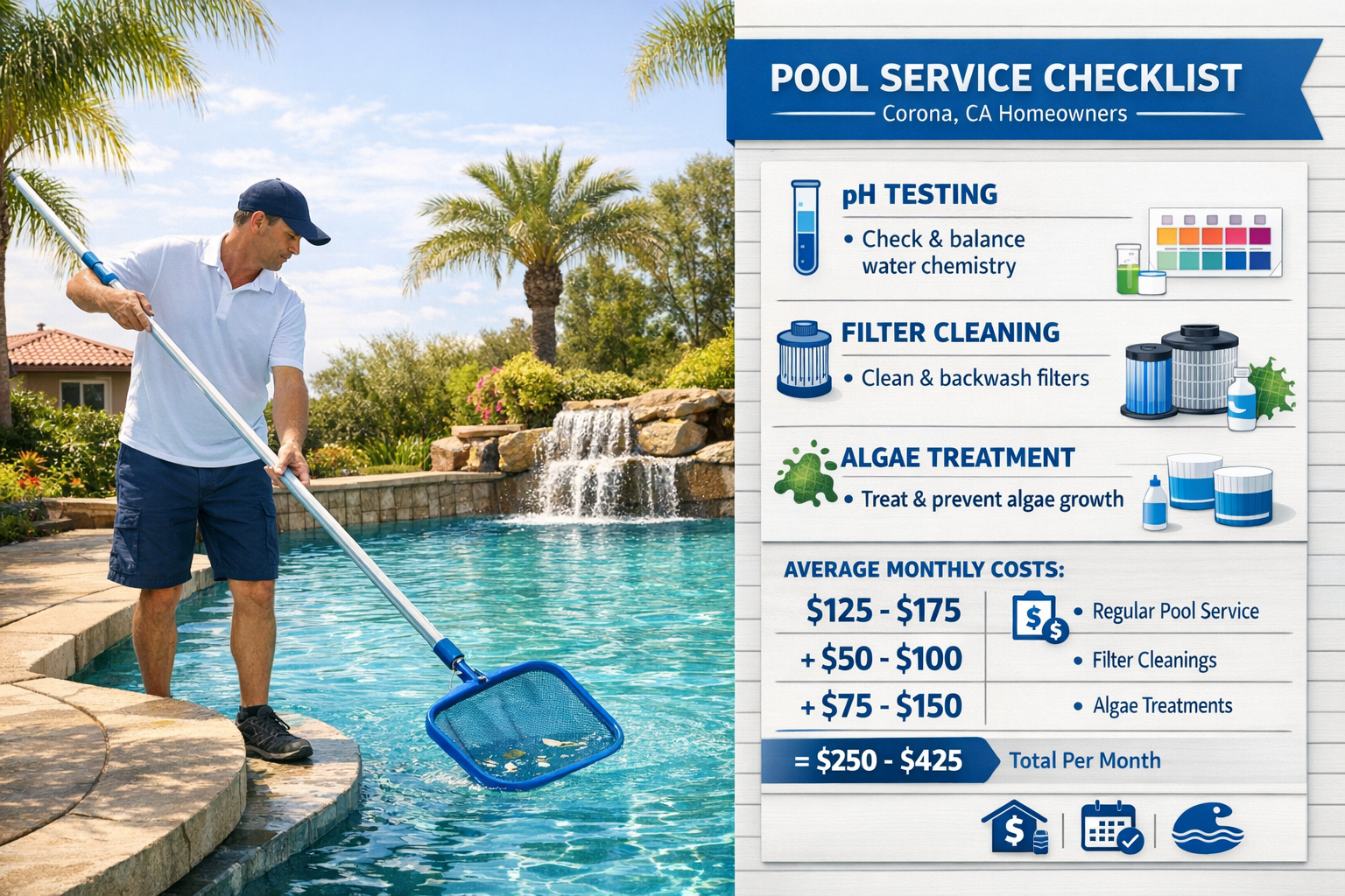 Detailed () informational infographic-style image showing a pool service checklist and cost breakdown for Corona, CA