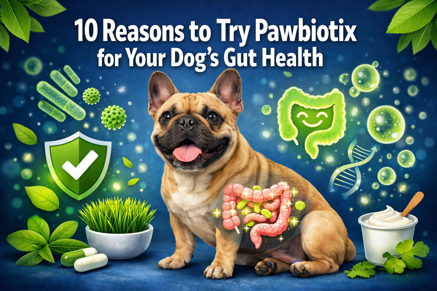 Professional landscape format (1536x1024) hero image featuring bold text overlay '10 Reasons to Try Pawbiotix for Your Dog's Gut Health' in 