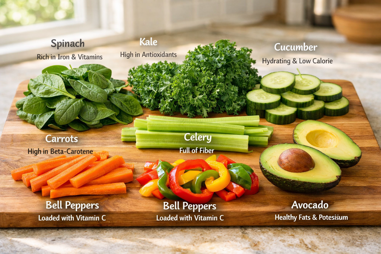 Detailed landscape image (1536x1024) showing variety of beginner-friendly vegetables for smoothies arranged in organized groups on wooden cu