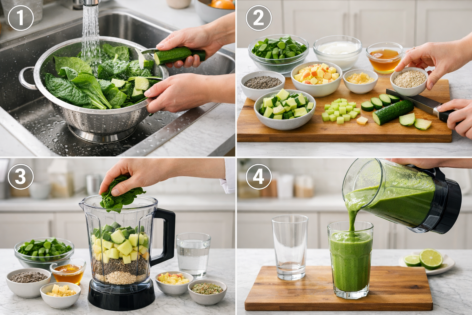 Landscape image (1536x1024) showing step-by-step smoothie preparation process in four panels: panel 1 shows vegetables being washed and chop