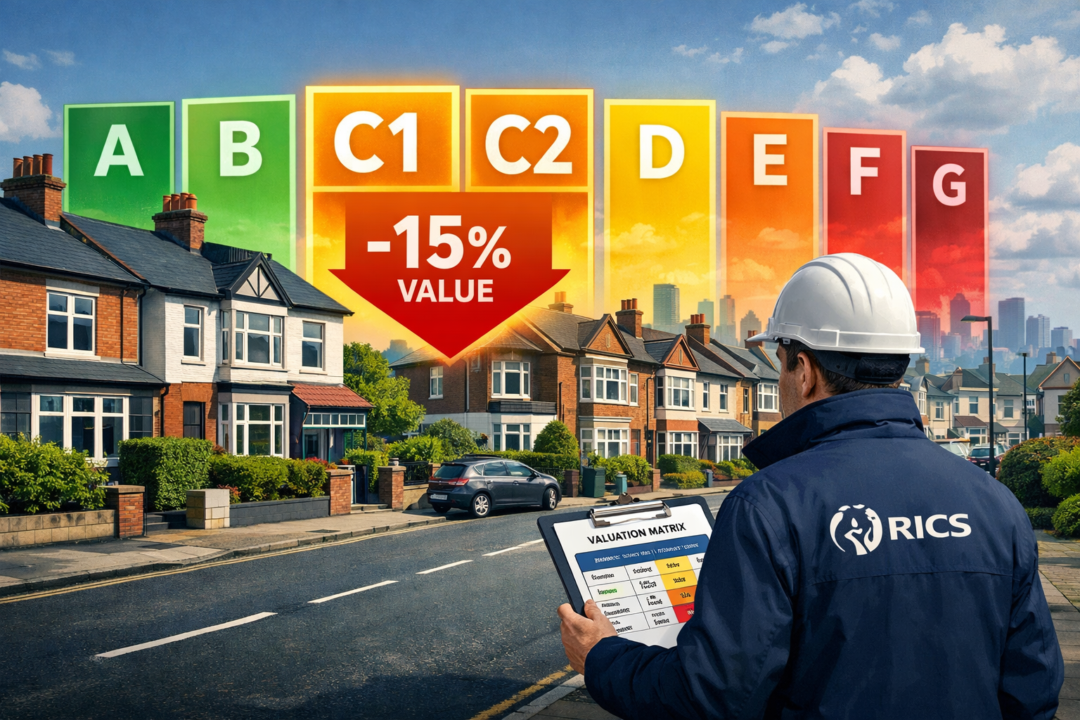 Wide-angle editorial illustration showing a UK residential street with energy performance certificate (EPC) rating bands (A