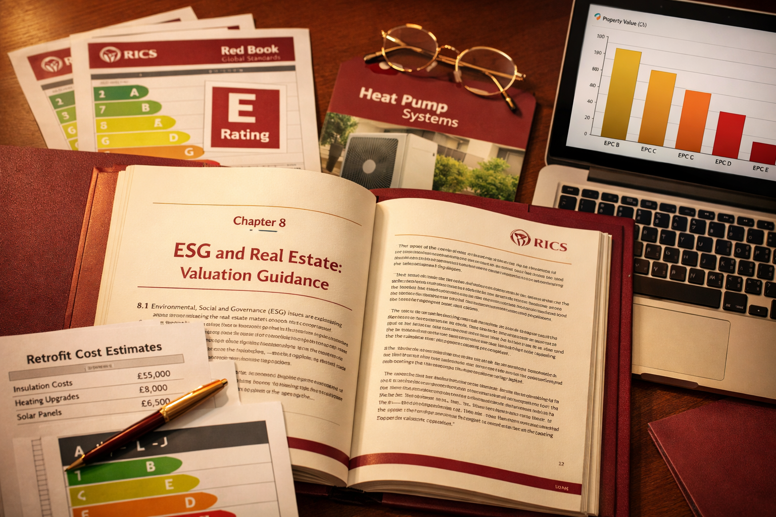 Close-up overhead shot of a professional property valuation desk showing RICS Red Book open to ESG valuation guidelines,