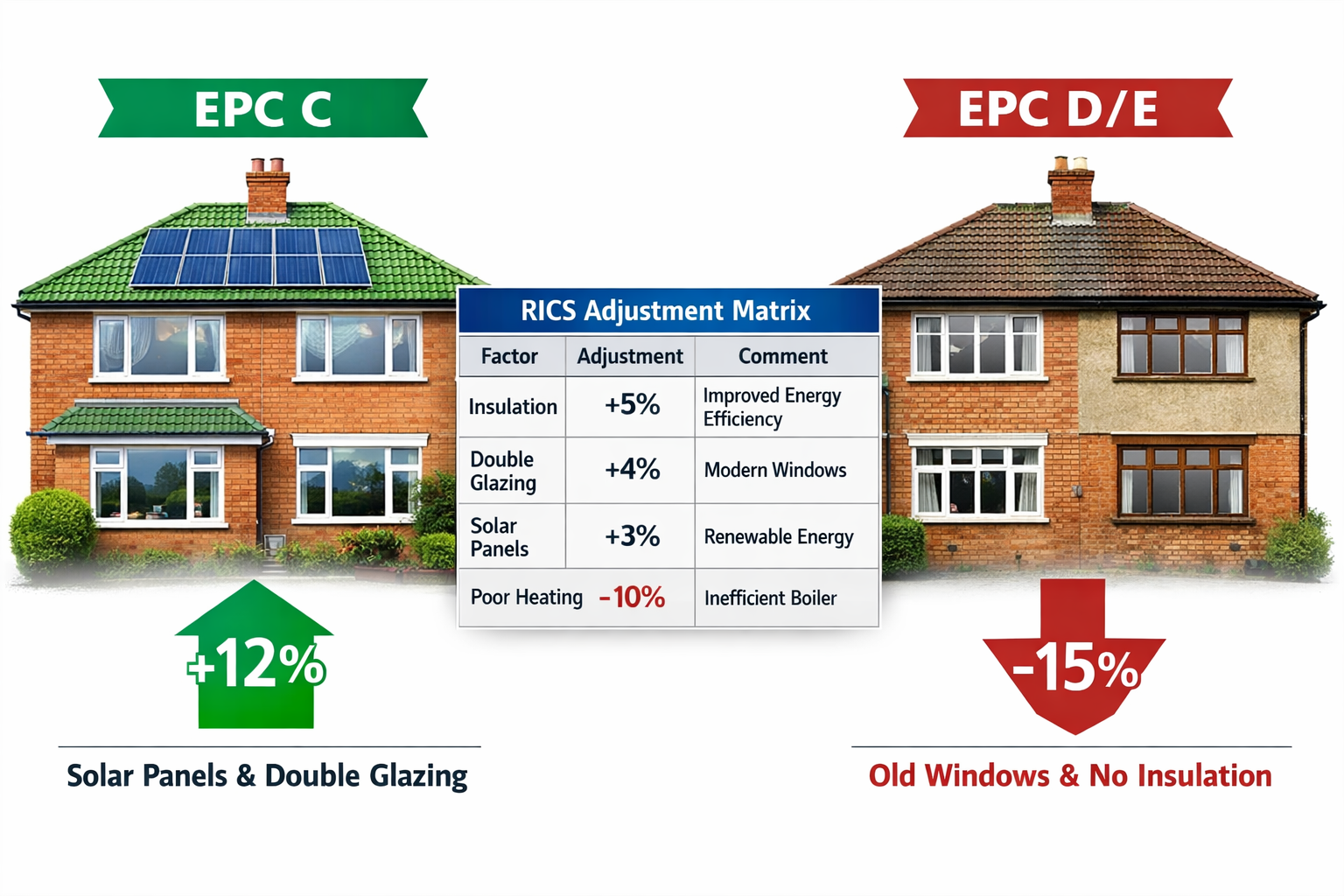 Dynamic split-panel infographic-style image contrasting two identical UK semi-detached properties side by side: left