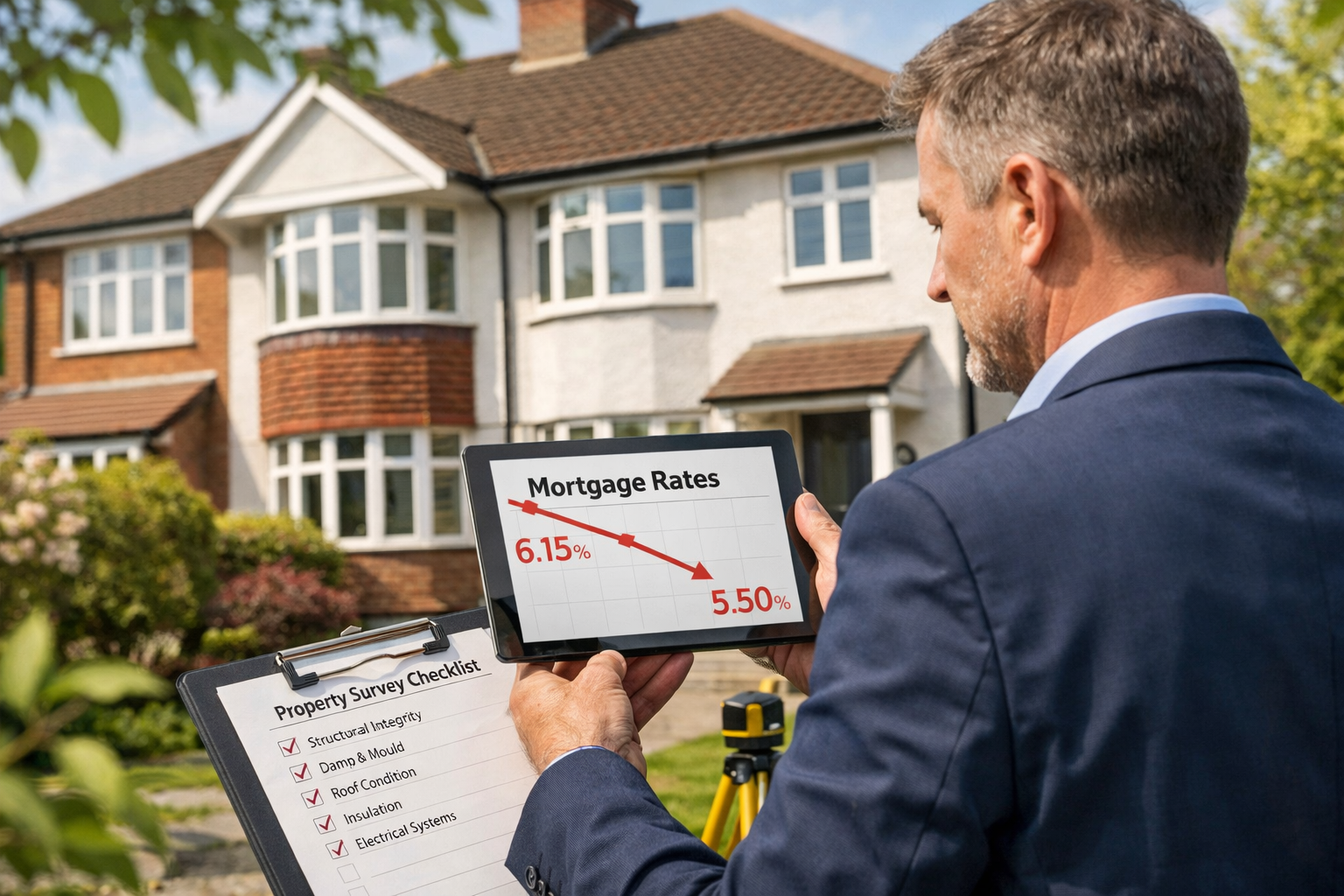 Wide-angle () editorial image showing a professional chartered surveyor using a digital tablet displaying falling mortgage