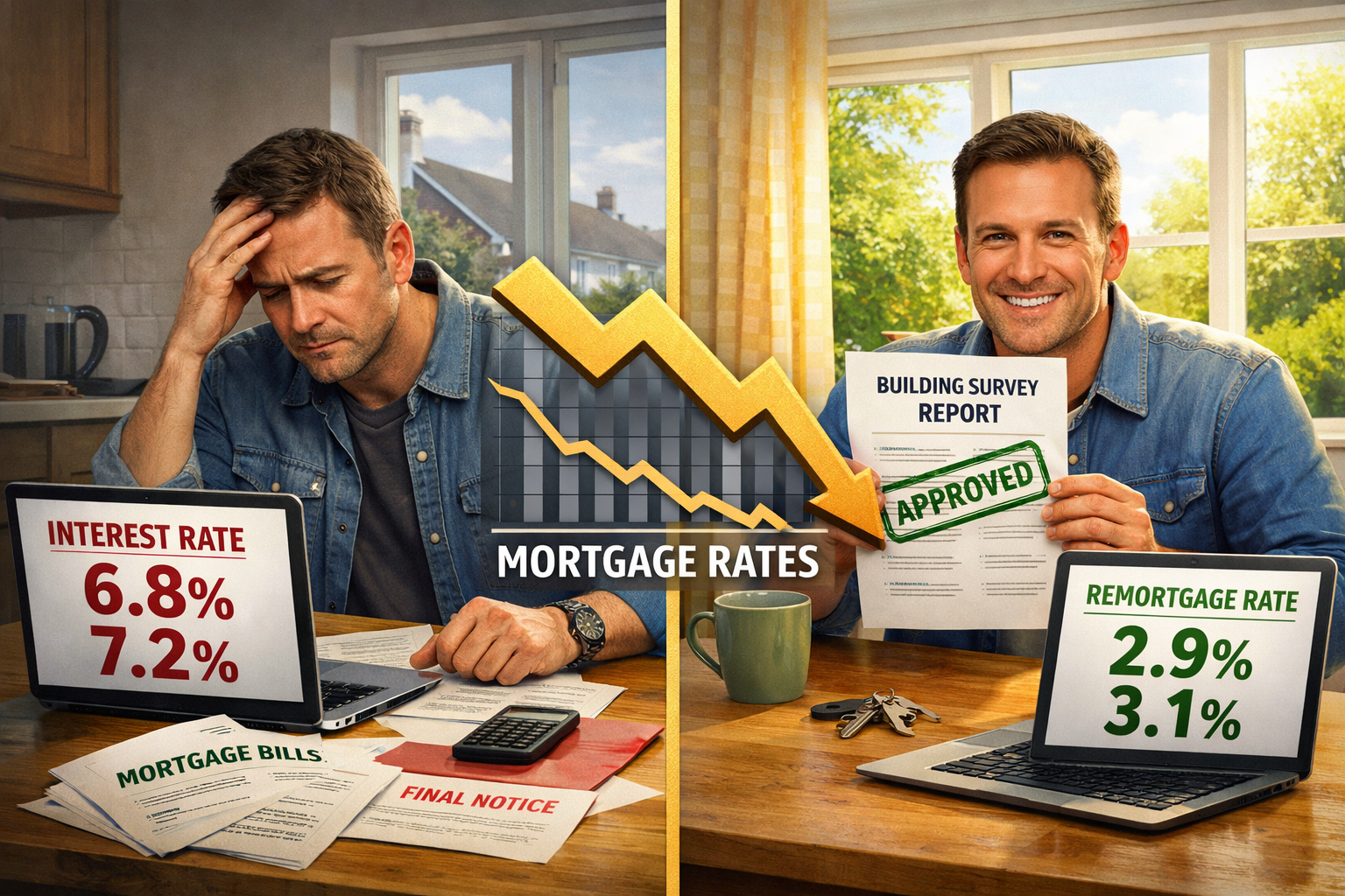 () infographic-style editorial image showing a split-scene comparison: left side features a worried homeowner at a kitchen