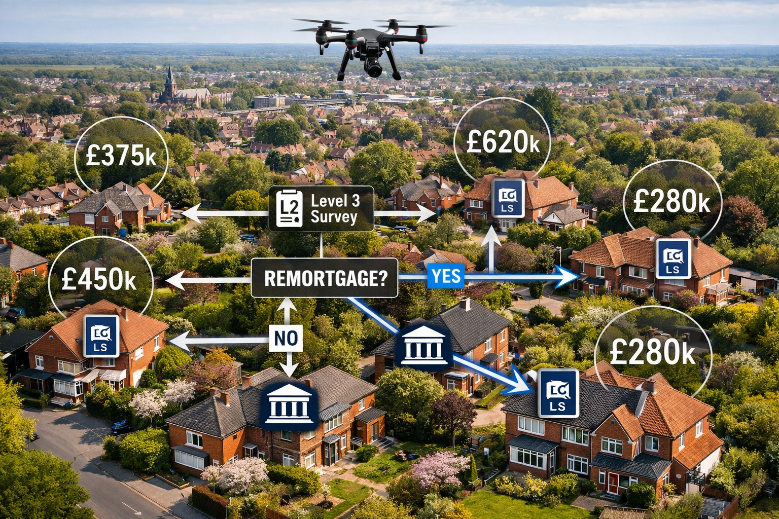 () bird's-eye drone perspective of a British residential neighbourhood in spring 2026, with overlaid data visualisation