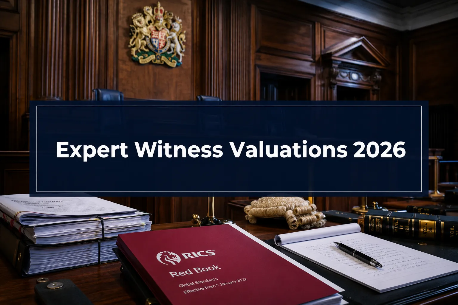 Professional () hero image with (≤42 chars): 'Expert Witness Valuations 2026' in crisp white on a deep navy semi-transparent