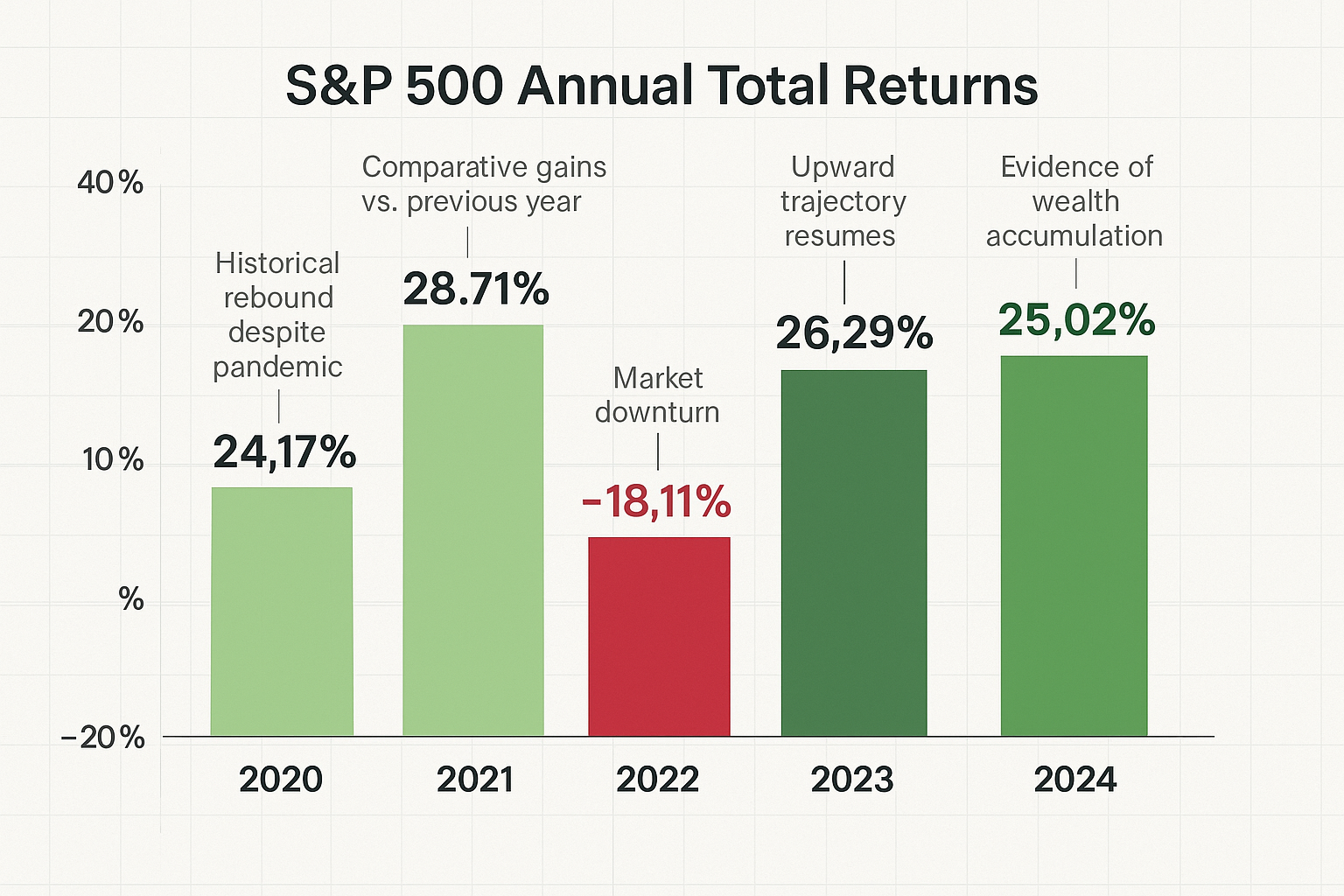 Comprehensive landscape timeline chart (1536x1024) displaying S&P 500 annual total returns from 2020 through 2024 as vertical bar graph with