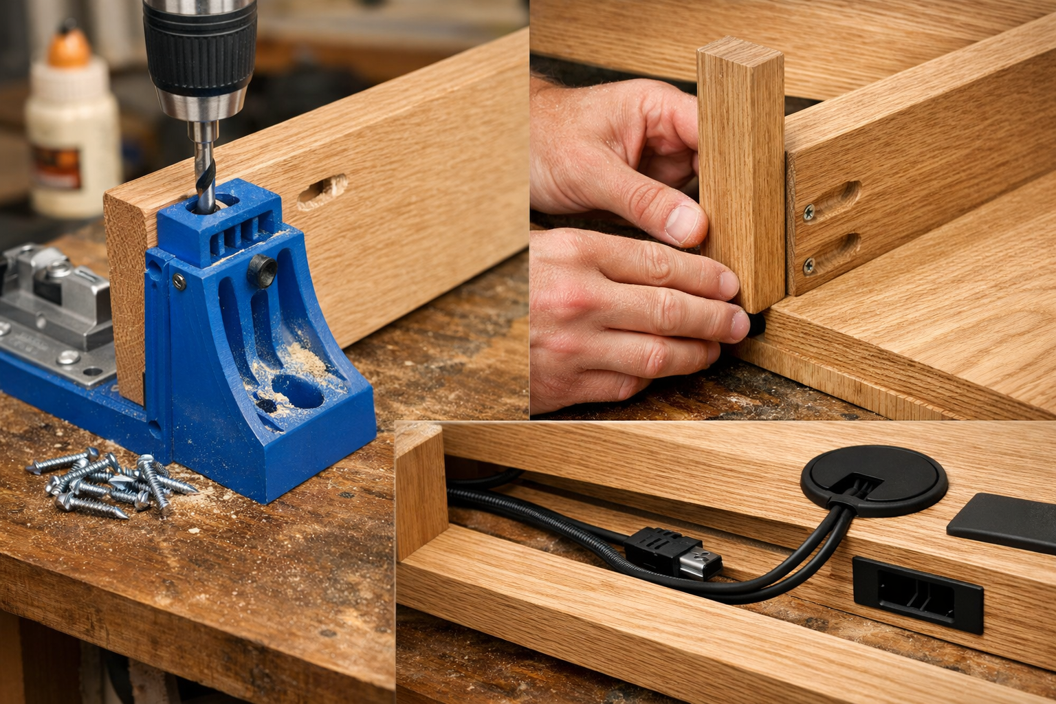 A detailed landscape image (1536x1024) focusing on the joinery and cable management aspects of a wooden TV stand under construction. Close-u