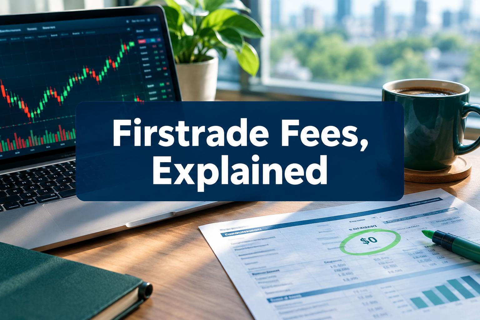 Professional () hero image with 'Firstrade Fees, Explained' in crisp white on a dark navy panel, centered with 8% safe