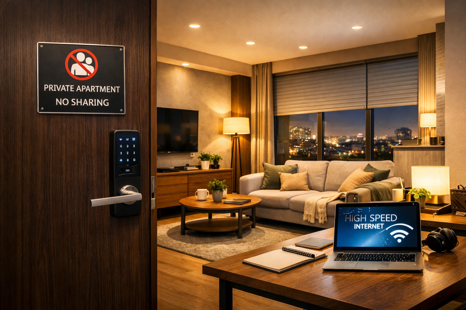 () image illustrating a fully automated, private Airbnb apartment near Gurgaon Airport. Show a clean, contemporary living