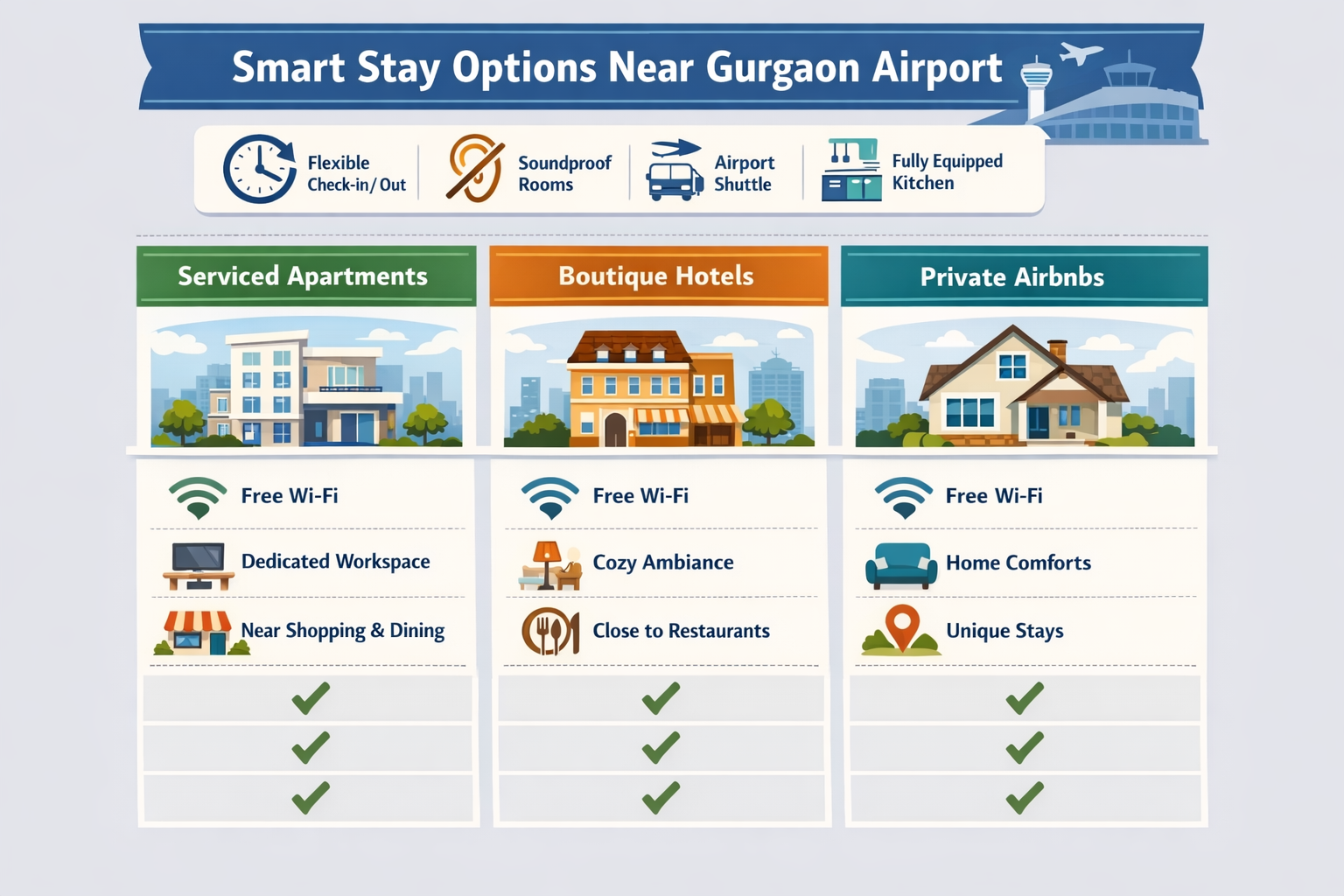 () image presenting a comparison of different smart stay features near Gurgaon Airport. Use an infographic or visual