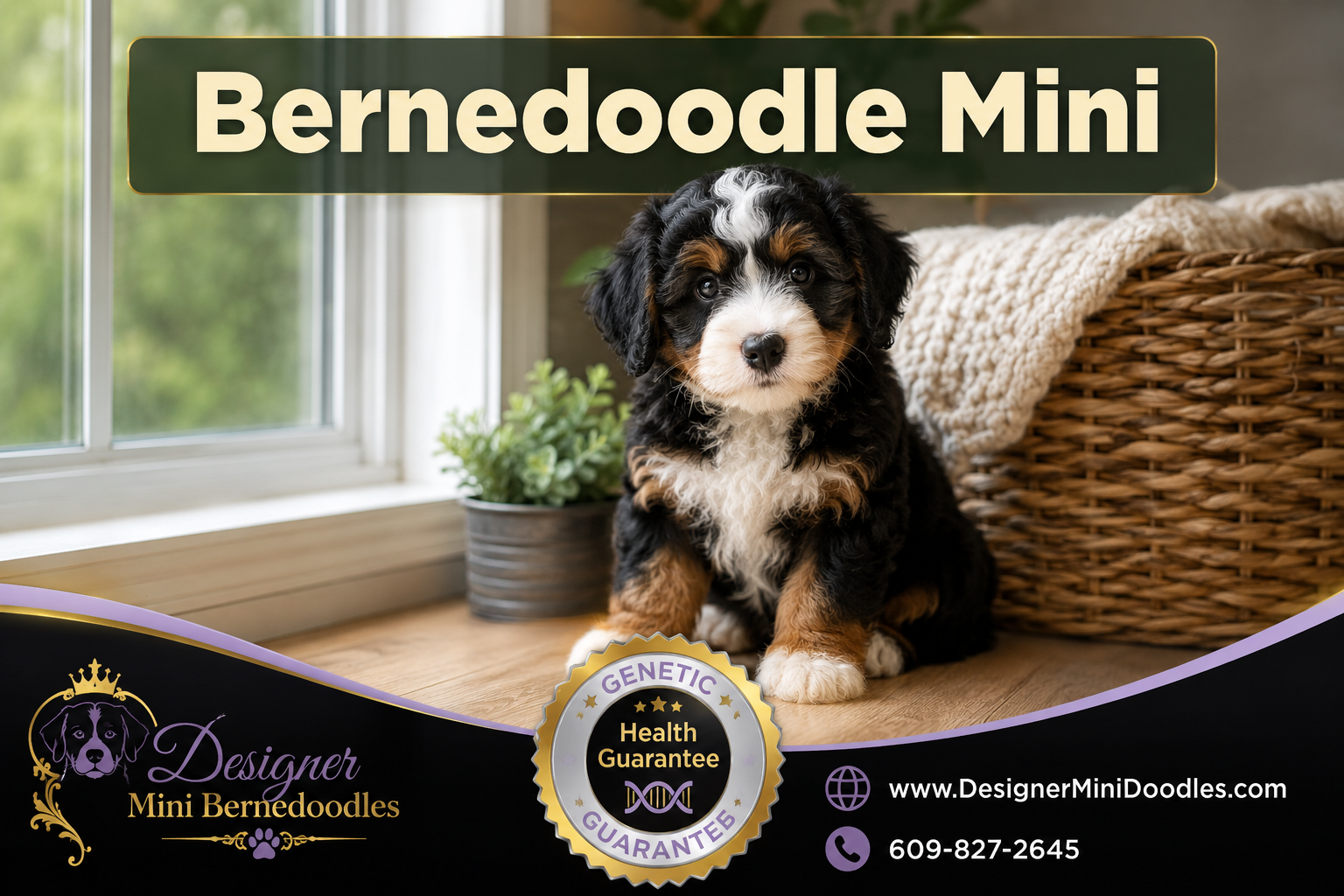 Professional () hero image with SHORT 'Bernedoodle Mini' in cream on a soft forest-green semi-transparent panel, centered