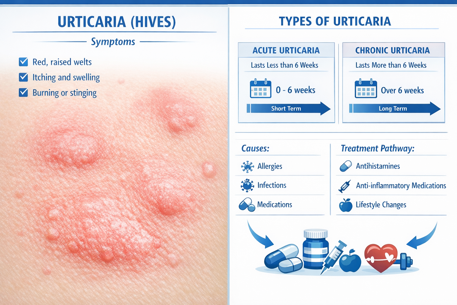 Landscape format (1536x1024) medical infographic showing urticaria symptoms and types with split-screen composition: left side displays clos