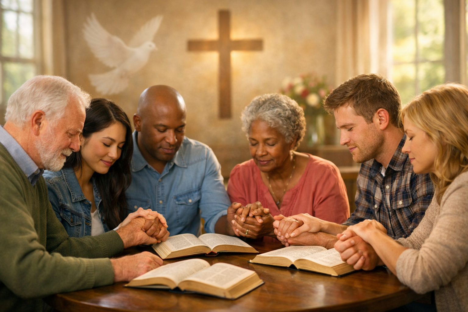 Landscape inspirational image (1536x1024) showing diverse group of people in prayer circle holding hands, open Bibles visible, peaceful chur