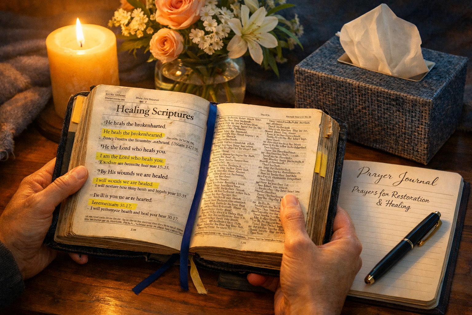 Editorial landscape image (1536x1024) featuring close-up of hands holding worn Bible with bookmarked healing scriptures, highlighted verses 