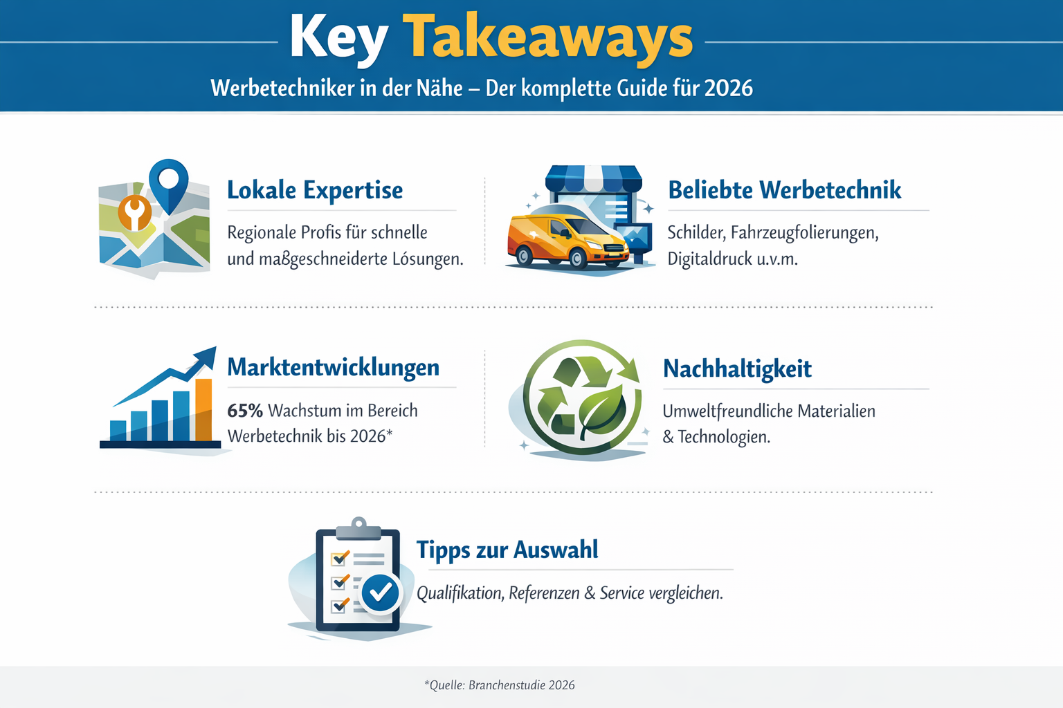 Professional infographic for article "Werbetechniker in der Nähe: Der komplette Guide für professionelle Werbetechnik 2026", section: "Key T