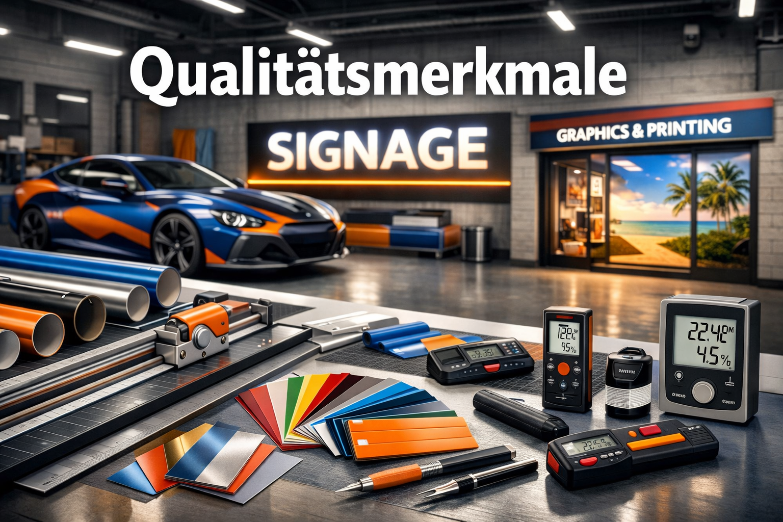 Landscape format (1536x1024) image depicting professional advertising technician workspace with organized tools and materials. Foreground sh