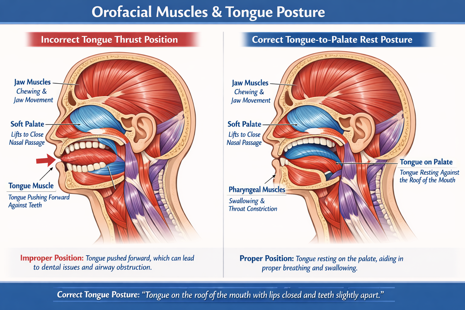 Detailed landscape infographic (1536x1024) showing anatomical cross-section of human head and neck in profile view, highlighting orofacial m