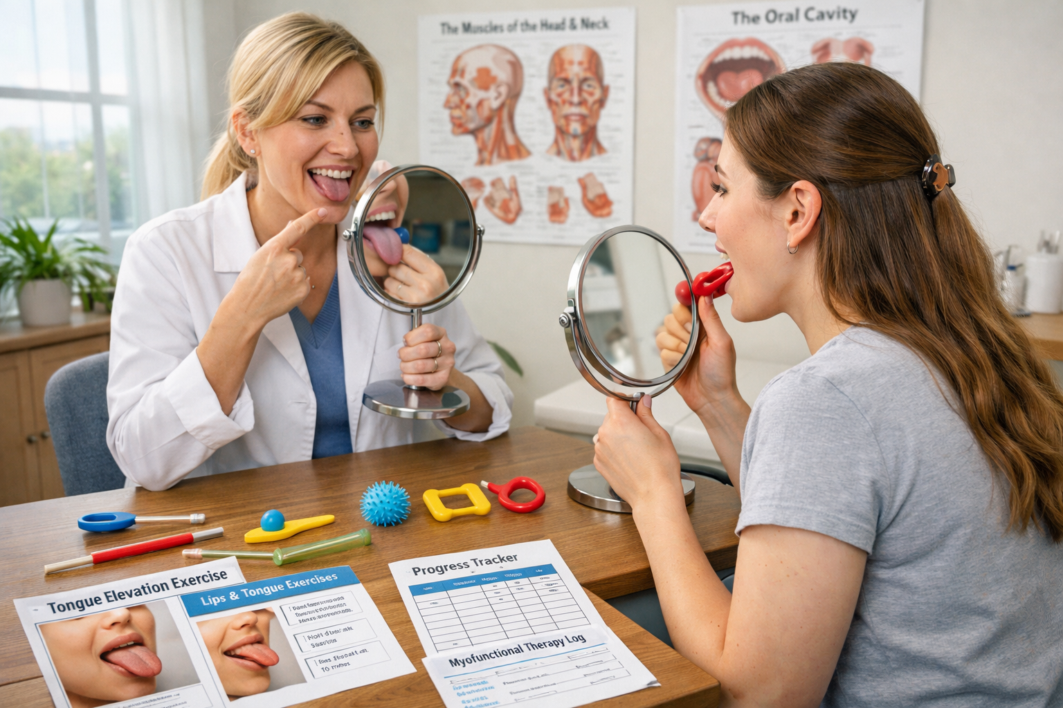 Professional landscape photograph (1536x1024) depicting myofunctional therapy session with therapist demonstrating tongue exercises using mi