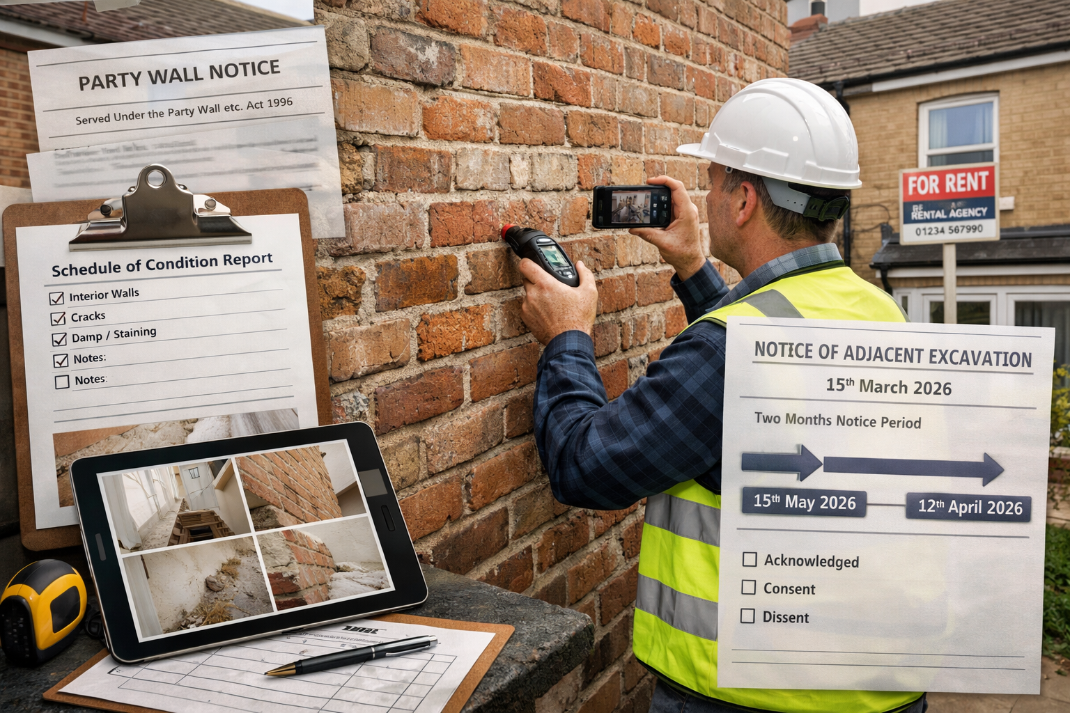 Detailed () image showing professional party wall surveyor conducting pre-work inspection at shared wall between two